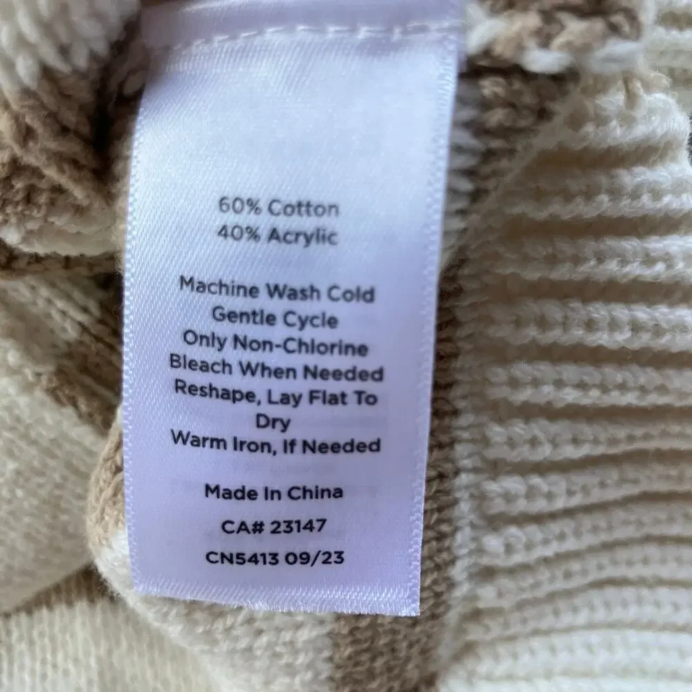 Talbots Collared Button Up Fisherman Knit Cardigan Size MP Tan White Stripe
